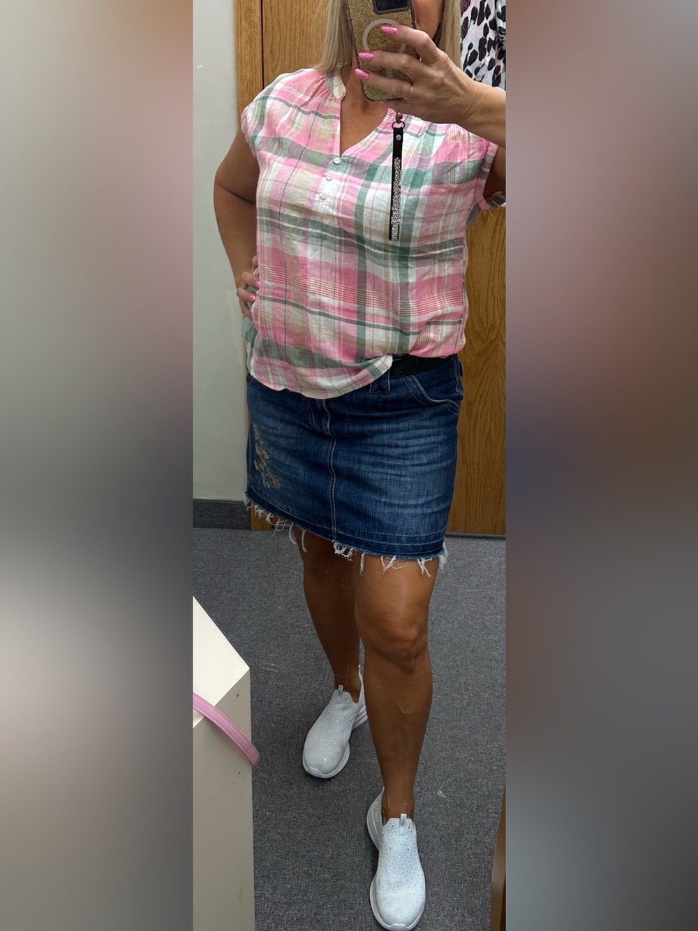 Sonoma Pink and Green Plaid Short-Sleeve Button-Neck Blouse